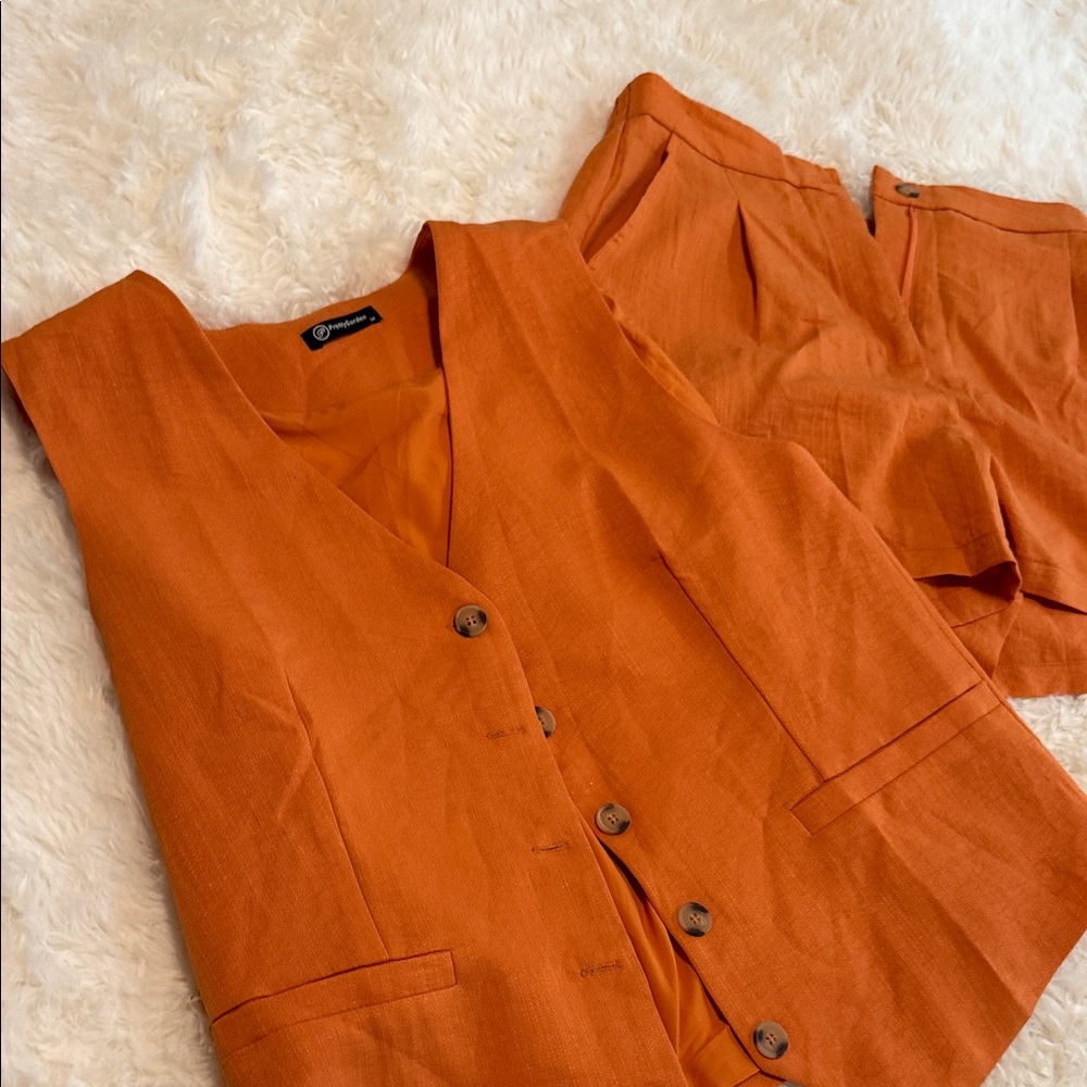 Orange Button-Up Vest and Shorts Set